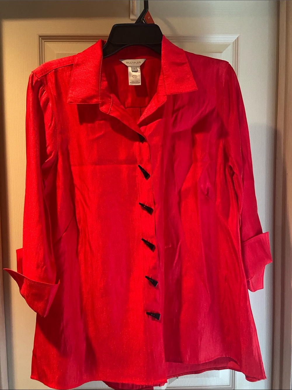 Multiples Vibrant Red Button-Front Long Sleeve Blouse